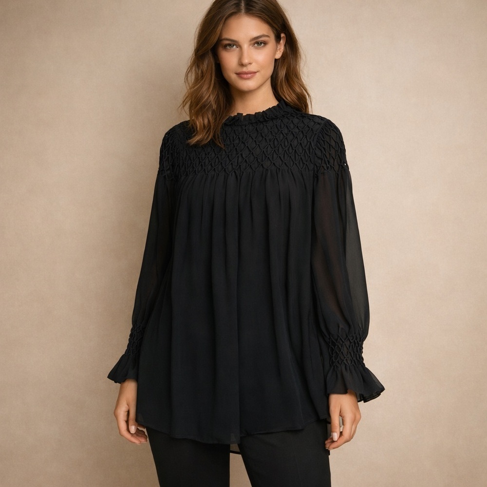 Rebecca Taylor Black Smocked Yoke Long-Sleeve Blouse Size S